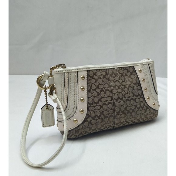 Coach Mini C Brown Canvas Leather Trim Studded Zipper Wristlet - Coin Wallet - Picture 3 of 14